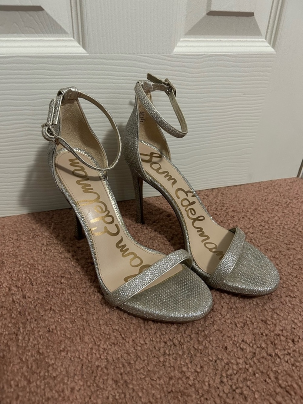 Sam Edelman Silver Glitter Ankle-Strap Stiletto Sandals